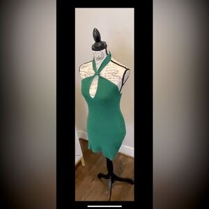 Green Ribbed Knit Crossover Halter Bodycon Mini Dress Women's Small AJ Luxury